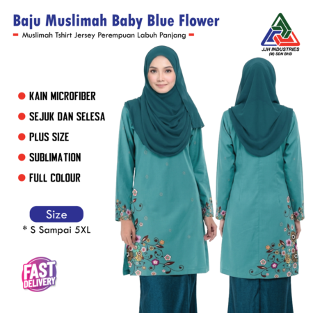 Baju Muslimah Baby Blue Flower Exclusive Jersey Tshirt Perempuan